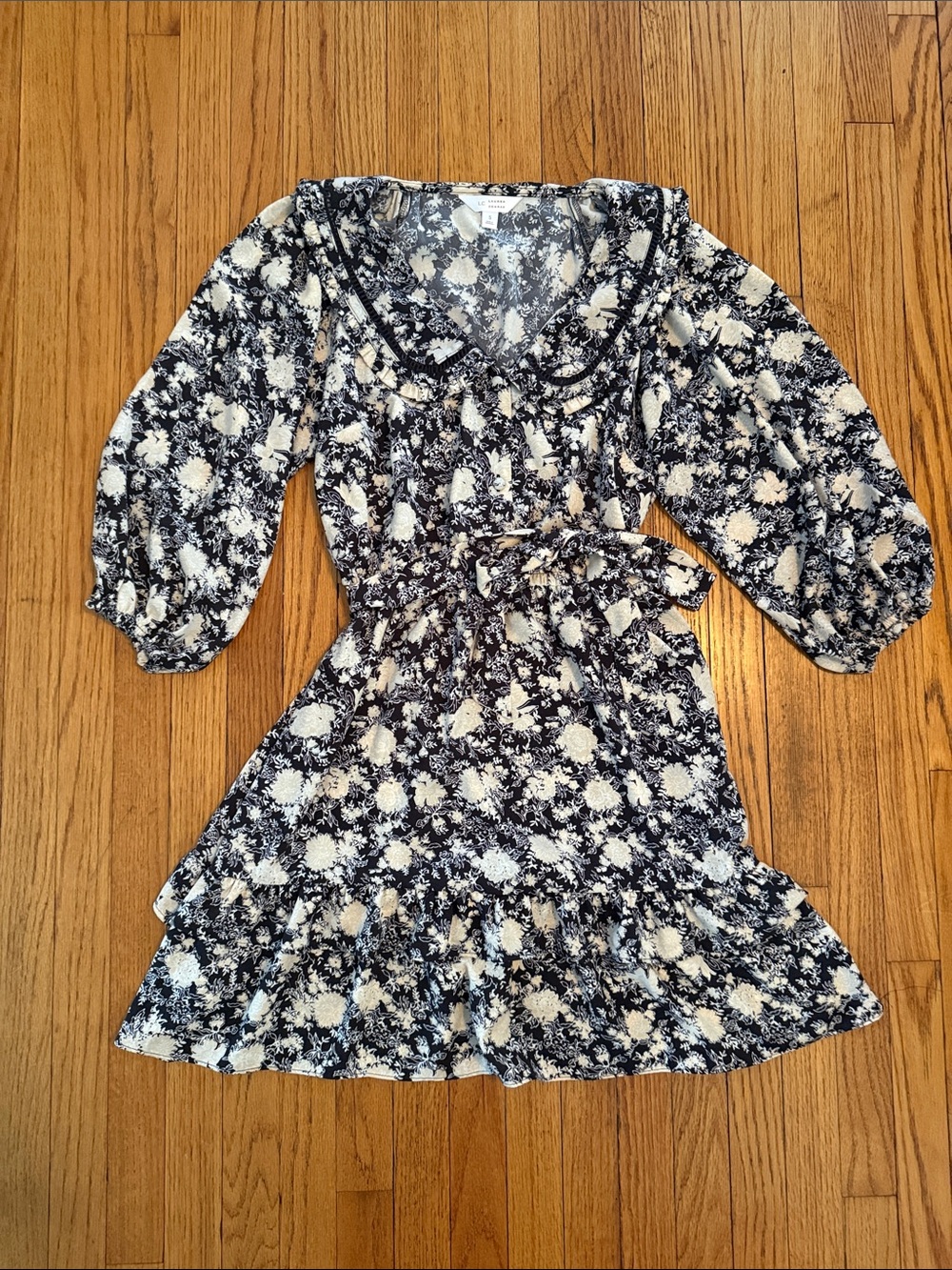 LC Lauren Conrad Black & Cream Floral Ruffle Tie-Waist Mini Dress